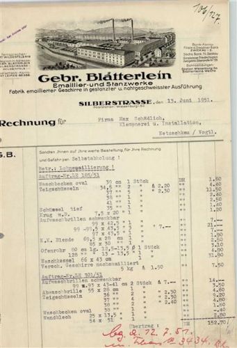 08112 O9525 Silberstraße Briefkopf Rechnung von 1951 Gebr. Blätterlein Emaillier- und Stanzwerke