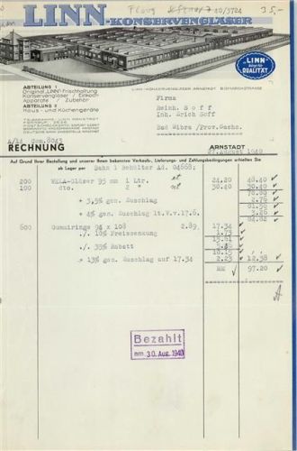 Arnstadt Rechnung von 1940 Linn Konservengläser