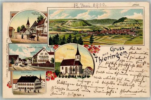72469 W7475 Tieringen 1900 BOAKC Lithographie Handlung M. Merz Gasthaus Brauerei Zum Adler Rathaus Schulhaus Kirche