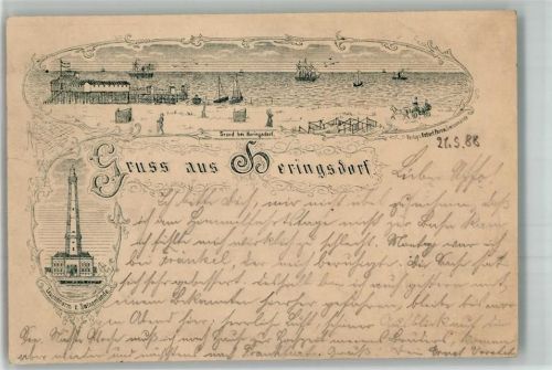 Heringsdorf 1888 Strand Segelschiff Leuchtturm Swinemünde Lithographie