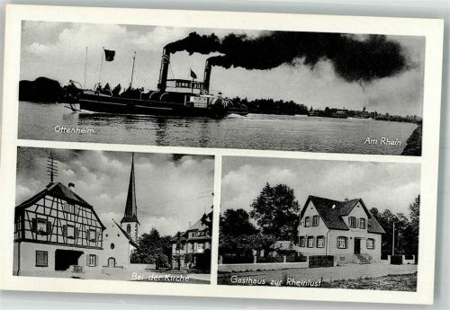 77963 W7635 Ottenheim , Schwarzw - Kirche Gasthaus zur Rheinlust Raddampfer