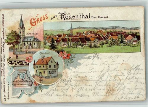 Rosenthal 1898 Lithographie Luth. Kirche Rathaus Gedicht