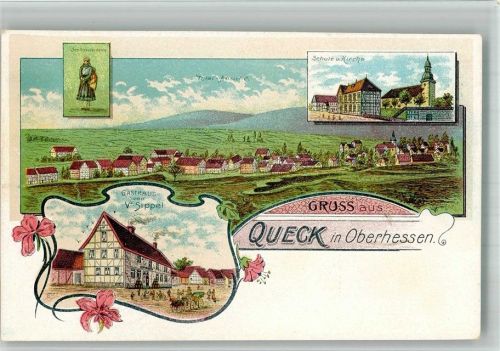 Queck Lithographie Schlitzerländerin Schule Kirche Gasthaus von V. Sippel