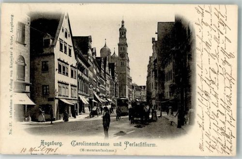 Augsburg 1901 Carolinenstraße u. Perlachturm Straßenbahn