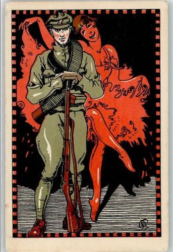 Lithographie Tänzerin tschechischer Soldat mit Gewehr WK I Motiv Tschechien Gebrauchsspuren