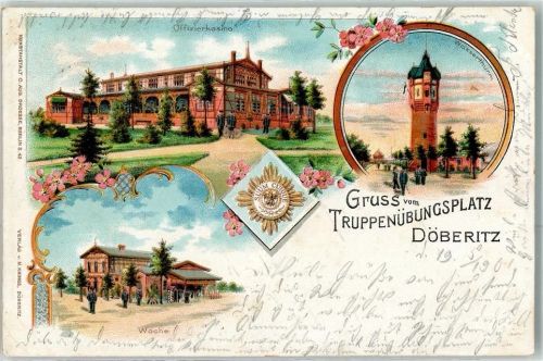 Döberitz 1901 Gruss vom Truppenübungsplatz Wasserturm Offizierkasino Wache Blumen