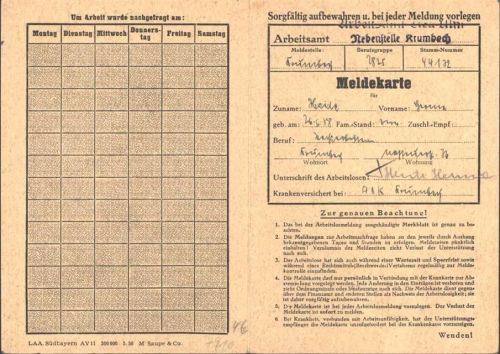 Krumbach Meldekarte Arbeitsamt von 1952
