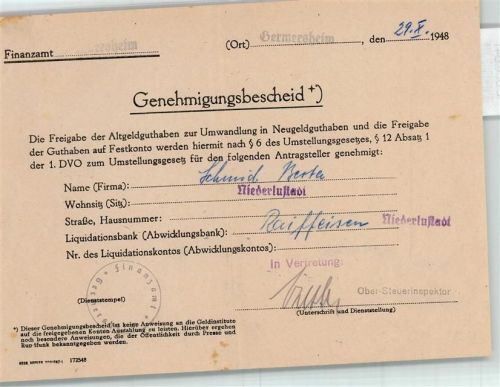Germersheim Genehmigungsbescheid von 1948 zur Umwandlung in Neugeldguthaben