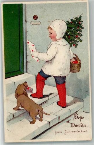 1927 Neujahr Kind Kl. Weihnachtsbaum Korb mit Äpfel klingelt an der Tür