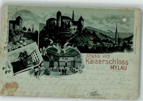 08499 O9803 Mylau 1898 Gebrauchsspuren Lithographie Kaiserschloss Zwinger Mondschein