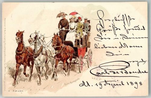 1898 Serie 1003 Pferdesport Kutsche zum Rennplatz sign. C. Becker + Adelskorrespondenz