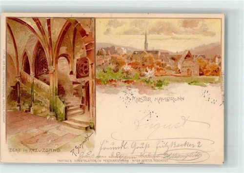 Maulbronn 1898 sign. Schmohl Kloster Maulbronn mit Kreuzgang Verlag Freytag Serie Württemberg No. 20