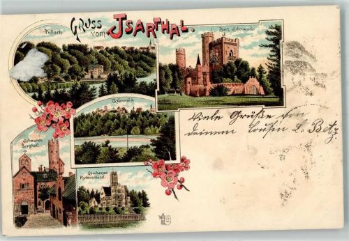 Pullach 1898 Gruss vom Isarthal Burg Schwanek Grünwald Fischerschlössl in Ebenhausen Lithographie