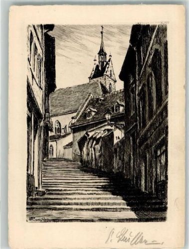 Basel Originalunterschrift sign. Buschbaum K.A. Totengässlein m. Peterskirche Kunstverlag Gebr. Born