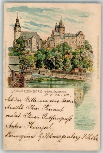 Schwarzenberg 1900 Lithographie-Künstlerkarte Schloss Schwarzenberg sign. Hoffmann