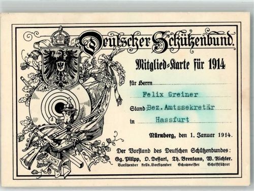 Nürnberg Deutscher Schützenbund Mitgliedskarte 1914