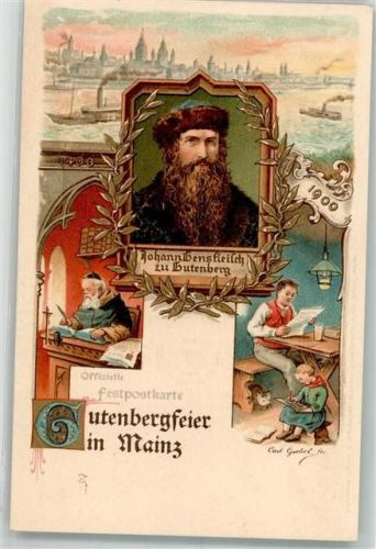 W6500 Mainz a Rhein 1400-1900 offiz. Festpostkarte Gutenberg Lithographie / Künstlerkarte