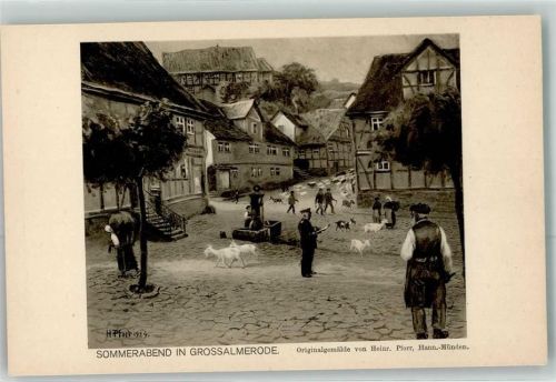 Großalmerode Sommerabend sign. H. Pforr 1924 Ziegen Brunnen Mann Uniform Stadtjubiläum 150 Jahre