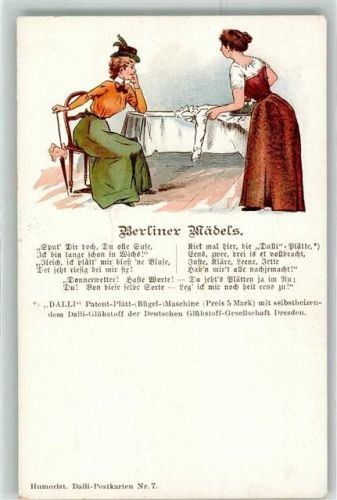 Dresden Dalli Patent Plätt Bügel Maschine Deutsche Glühstoff Gesellschaft Humor Berliner Mädels Karte Nr.7