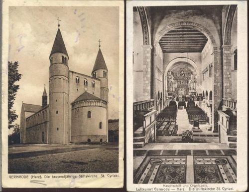 1920/30 Gernrode/Harz, Thüringen: 2 Ak der Stiftskirche St. Cyriaki, Außenansicht, Innenansicht von Hauptschiff und Orgelapsis,Carl Mittag AKU1