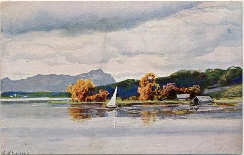 um 1900 Künstler-Ak, -Würmsee-, 4 Dess., Segelboot auf kleinem See,Weltpostverein,sign. Splitberger.ir.