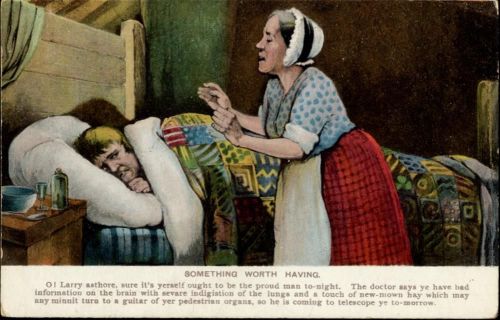 um 1910/20 Kranker Mann im Bett, Humor, Text -Es hat seinen Wert-, Künstler AK,Lawrence AKU1