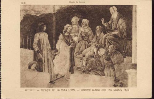 um 1920/30 -Lorenzo Albizzi and the liberal arts-, Fresko aus der Villa Lemmi, Louvre, Künstler-AK,Braun & Cie.,sign. Botticelli AKU1