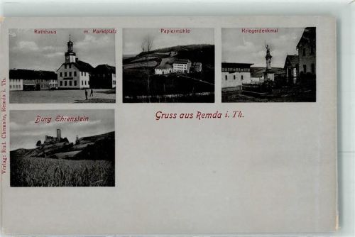 Remda Rathaus Marktplatz Papiermühle Kriegerdenkmal Burg Ehrenstein Gruss