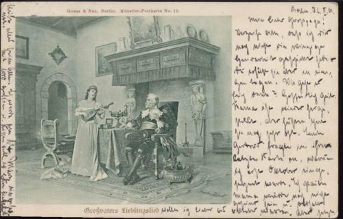 1901 -Großvaters Lieblingslied-, elegante Frau, Musikinstrument, alter eleganter Mann, Kamin,Göns & Nau