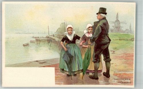 Walcheren Holland Trachten Cassiers, H. 1900 Lithographie / Künstlerkarte