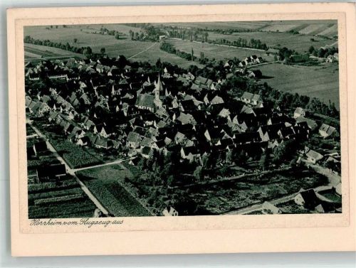 Horrheim 1933 Fliegeraufnahme des Ortes mit der Clemenskirche Original aufmontierte Verlagsmusterkarte