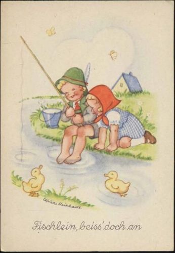 um 1955 Kinder beim angeln, Enten, -Fischlein, beiß doch an-,Spezial Kunstverlag Horn,sign. Elfriede Reinhardt