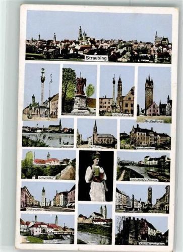 Straubing 1915 Stadtturm Stifts Kirche Donaubrücke u. Kaserne