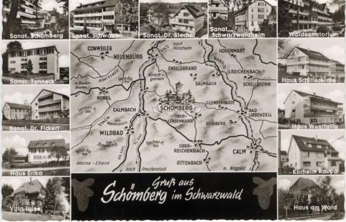 um 1960/70 Schömberg: -Gruß aus Schömberg im Schwarzwald-, Landkarte, Waldsanatorium, Kurheim Raupp,Schöning & Co AKU2