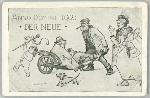 1921 Anno Domini Der Neue Trinker in der Schubkarre + Dackel sign. Gustav Ernst Verlag Pfälzerwald-Vereins
