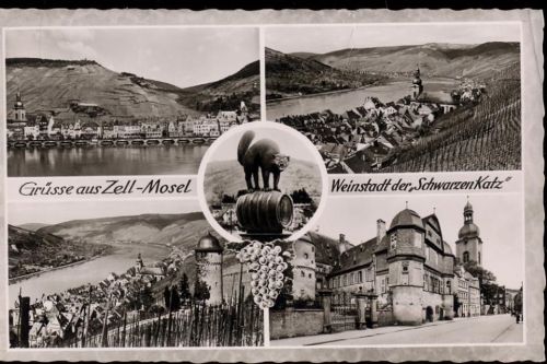 um 1950/60 Zell-Mosel, 5 Ansichten, Weinstadt der Schwarzen Katz, Katze, Kirche,Agfa AKU1