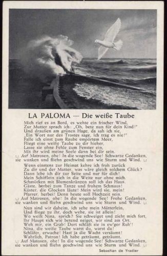 um 1920/30 Liedtext -Die weiße Taube-, Taube,Robert Franke,sign. Sebastian de Yradier