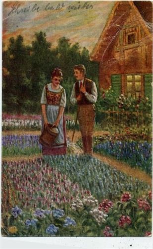 1923 Mann und Frau im Garten, Gartenarbeit, -Im Blumengarten-, Künstler AK,Hermann Wolff,sign. R. De Witt AKU2