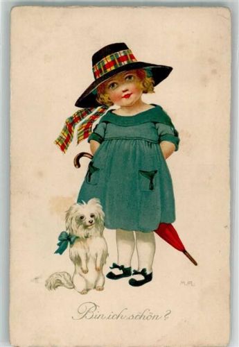 1925 Mädchen mit Hund , bin ich schön? Humor