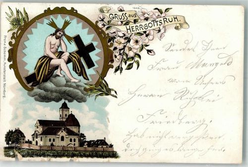 Friedberg 1899 Lithographie Wallfahrtskirche Herrgottsruh beschädigt