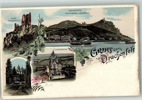 Königswinter Panorama des Ortes mit der Ruine Drachenfels Drachenburg und der Zahnradbahn Rheinschiffe