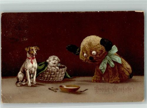 1914 Zwei kleine Hunde und großer Stoffhund vor kleinem Hundenapf Neujahr