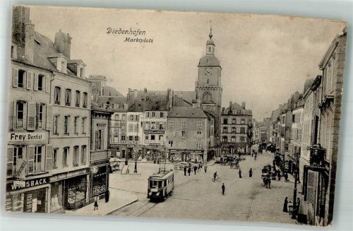 Thionville 1915 Geschäft Straßenbahn Marktplatz Feldpost WK I 3.Landw.Eskadron des 18 .Armeekorps
