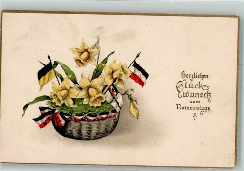 1915 Namenstag Weidenkorb mit Narzissen und Schwarz-Weiß-Roten Fahnen