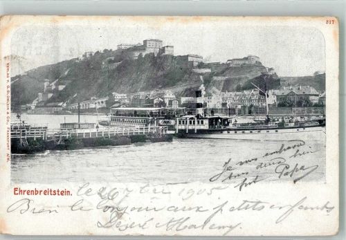 Koblenz 1905 Raddampfer Schiffbrücke Festung Ehrenbreitstein