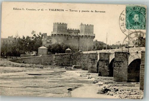Valencia 1909 Torres y puente de Serranos Marke bildseitig