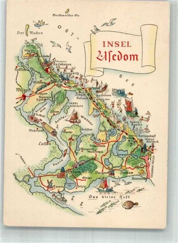 Usedom sign. Hoppe Stilisierte Landkarte der Insel mit Sehenswürdigkeiten VEB Bild und Heimat