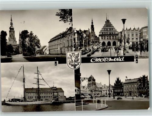Greifswald Rubenow-Platz Seesportschule mit Segelschulschiff Wilhelm Pieck Rathaus Platz der Freundschaft