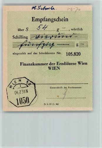Wien Empfangsschein Finanzkammer Erzdiözese 4.7.51
