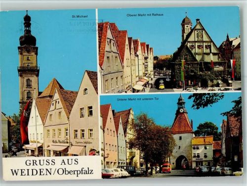 Weiden St. Michael Oberer Markt mit Rathaus Unterer Markt mit unterem Tor Fahnen 3-Bildaufnahme